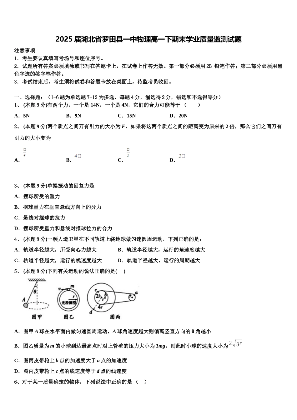 2025届湖北省罗田县一中物理高一下期末学业质量监测试题含解析_第1页