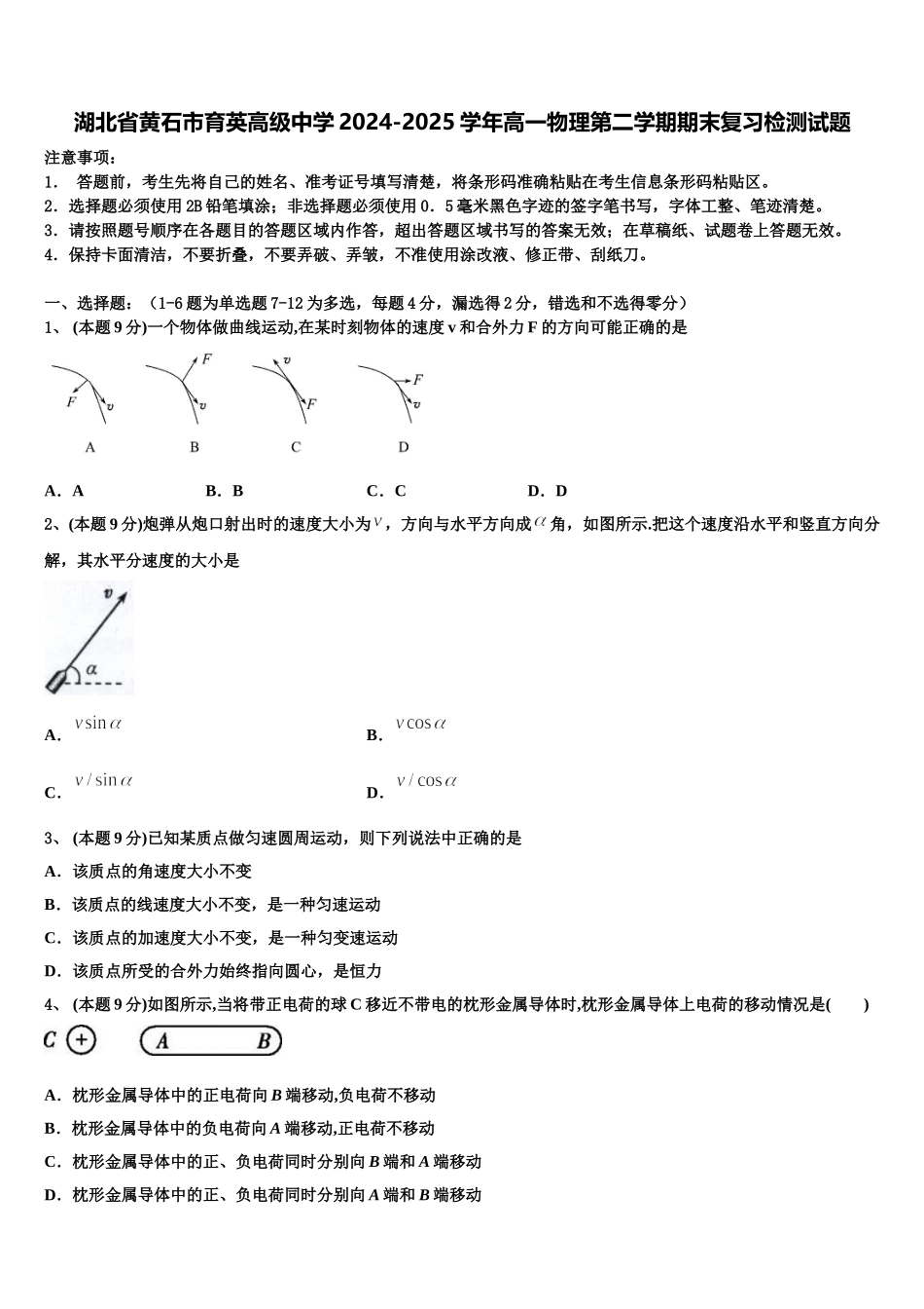 湖北省黄石市育英高级中学2024-2025学年高一物理第二学期期末复习检测试题含解析_第1页