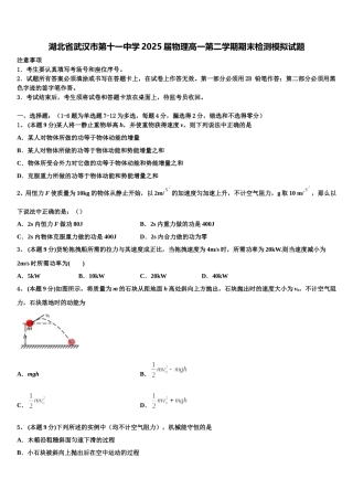 湖北省武汉市第十一中学2025届物理高一第二学期期末检测模拟试题含解析