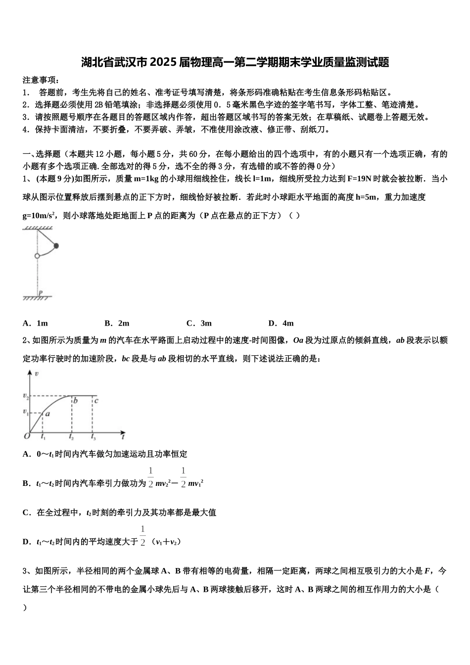 湖北省武汉市2025届物理高一第二学期期末学业质量监测试题含解析_第1页