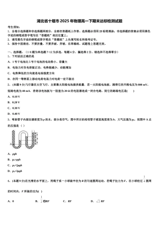 湖北省十堰市2025年物理高一下期末达标检测试题含解析
