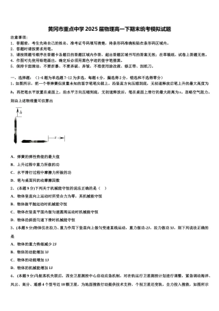 黄冈市重点中学2025届物理高一下期末统考模拟试题含解析