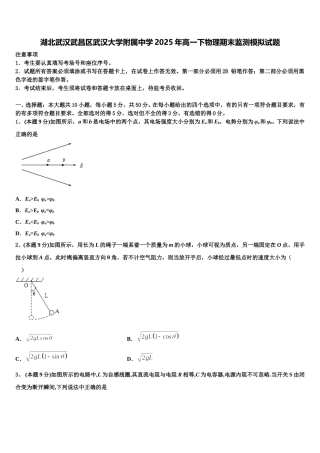 湖北武汉武昌区武汉大学附属中学2025年高一下物理期末监测模拟试题含解析