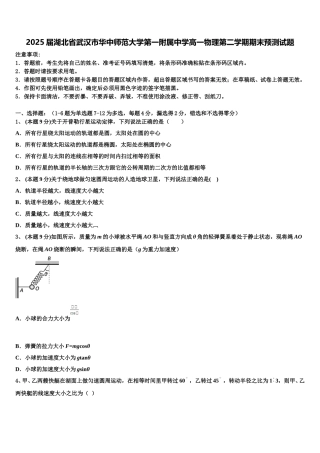 2025届湖北省武汉市华中师范大学第一附属中学高一物理第二学期期末预测试题含解析