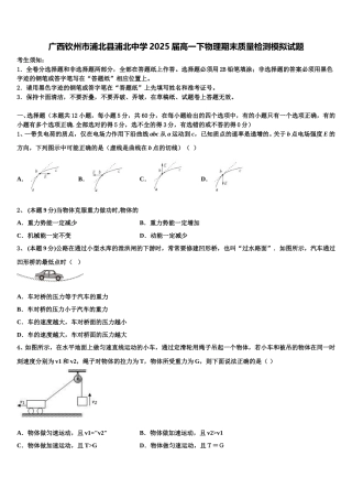 广西钦州市浦北县浦北中学2025届高一下物理期末质量检测模拟试题含解析