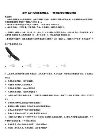 2025年广西贺州市中学高一下物理期末统考模拟试题含解析
