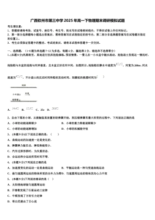 广西钦州市第三中学2025年高一下物理期末调研模拟试题含解析