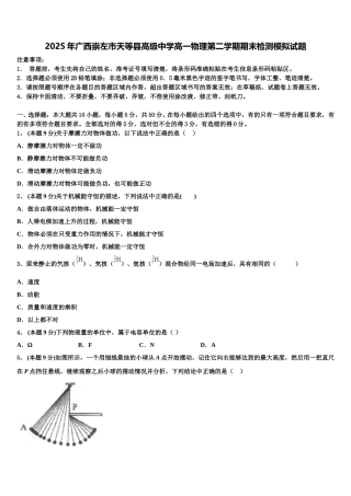 2025年广西崇左市天等县高级中学高一物理第二学期期末检测模拟试题含解析