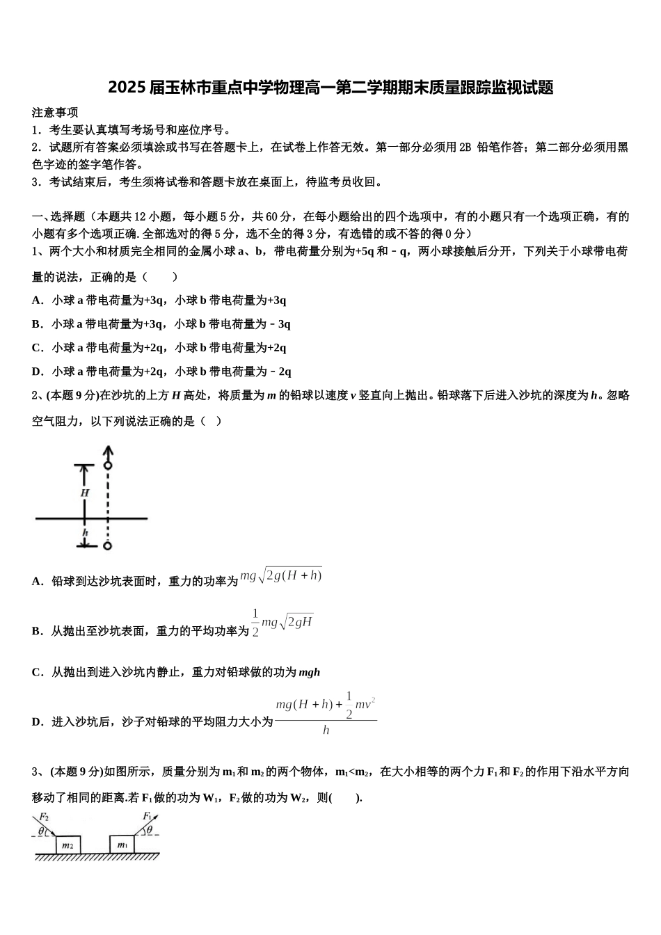 2025届玉林市重点中学物理高一第二学期期末质量跟踪监视试题含解析_第1页