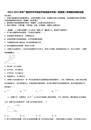2024-2025学年广西贺州市平桂区平桂高级中学高一物理第二学期期末调研试题含解析