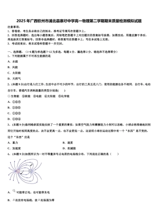 2025年广西钦州市浦北县寨圩中学高一物理第二学期期末质量检测模拟试题含解析