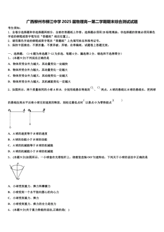 广西柳州市柳江中学2025届物理高一第二学期期末综合测试试题含解析