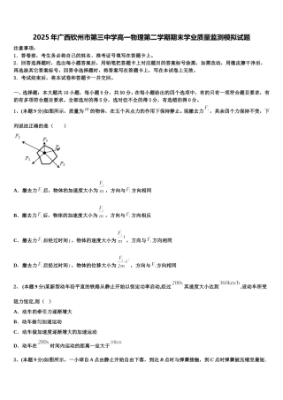2025年广西钦州市第三中学高一物理第二学期期末学业质量监测模拟试题含解析