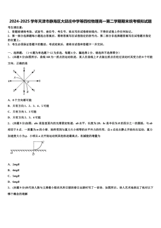 2024-2025学年天津市静海区大邱庄中学等四校物理高一第二学期期末统考模拟试题含解析