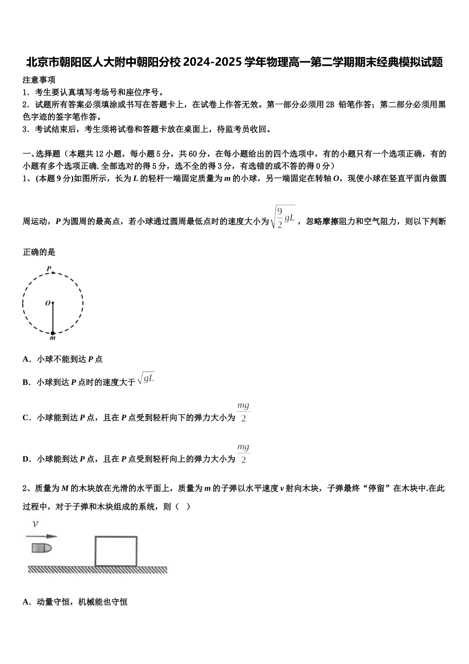 北京市朝阳区人大附中朝阳分校2024-2025学年物理高一第二学期期末经典模拟试题含解析_第1页