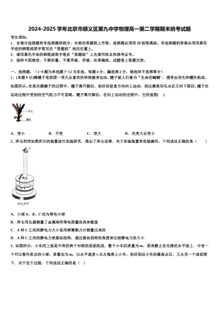 2024-2025学年北京市顺义区第九中学物理高一第二学期期末统考试题含解析