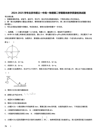 2024-2025学年北京市顺义一中高一物理第二学期期末教学质量检测试题含解析