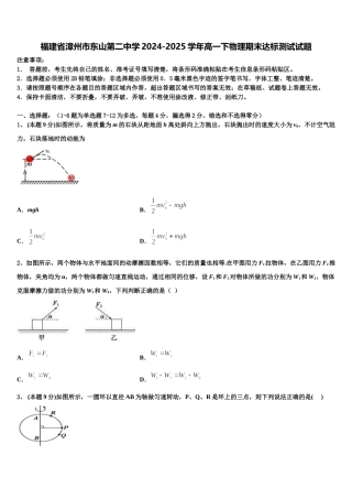 福建省漳州市东山第二中学2024-2025学年高一下物理期末达标测试试题含解析