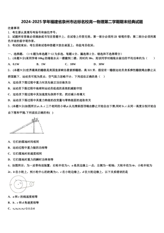 2024-2025学年福建省泉州市达标名校高一物理第二学期期末经典试题含解析