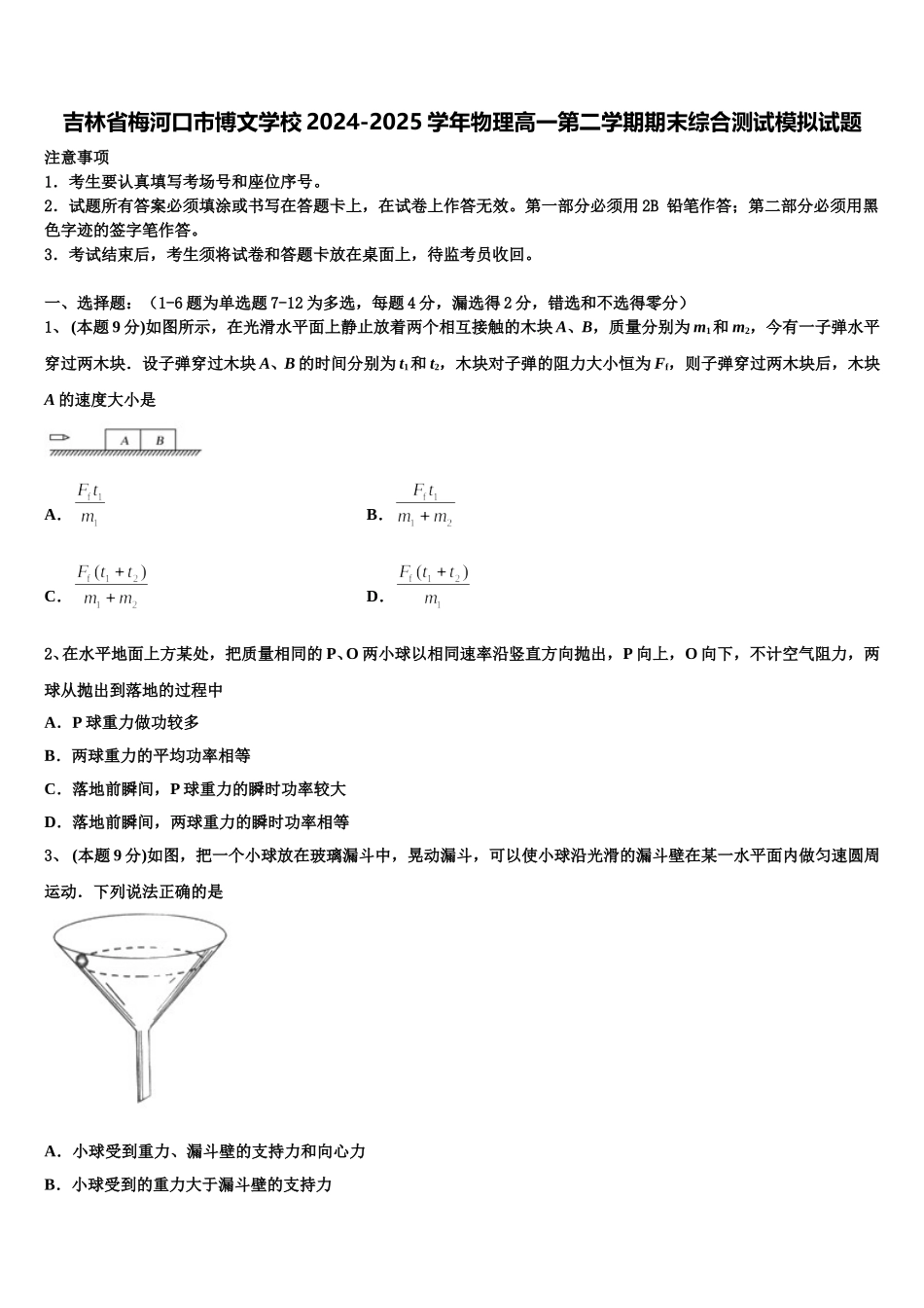 吉林省梅河口市博文学校2024-2025学年物理高一第二学期期末综合测试模拟试题含解析_第1页