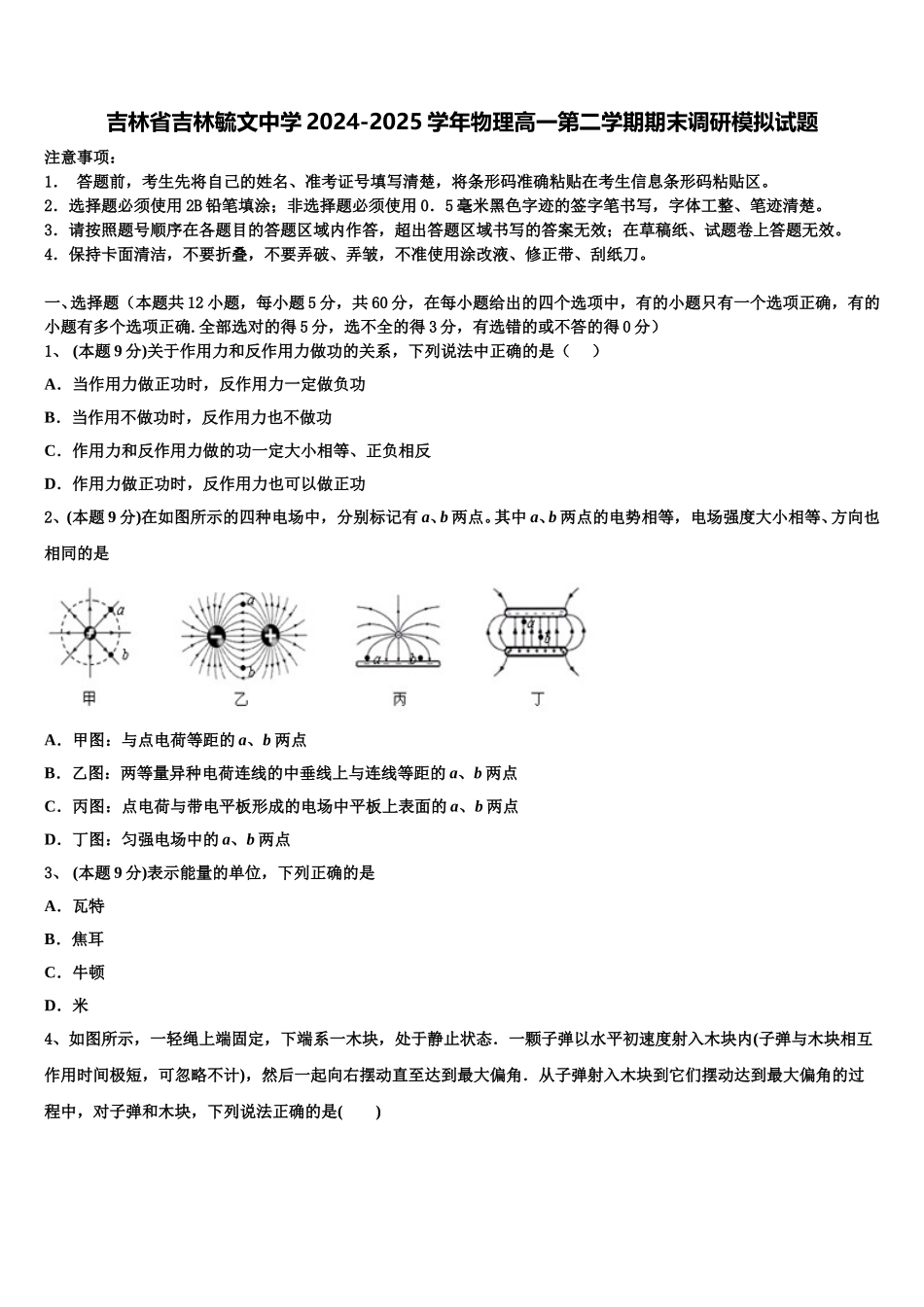 吉林省吉林毓文中学2024-2025学年物理高一第二学期期末调研模拟试题含解析_第1页