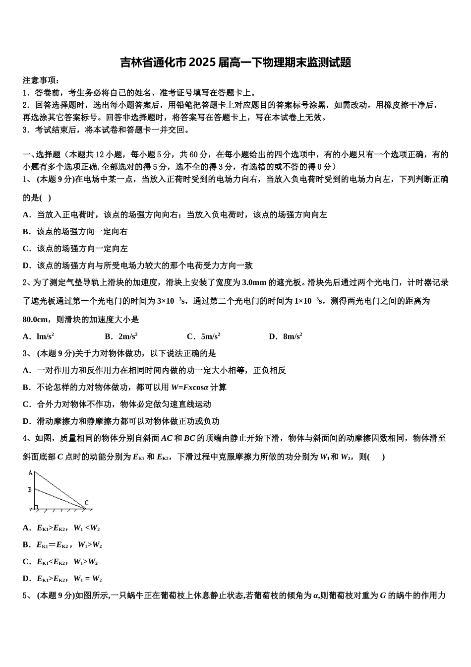 吉林省通化市2025届高一下物理期末监测试题含解析_第1页