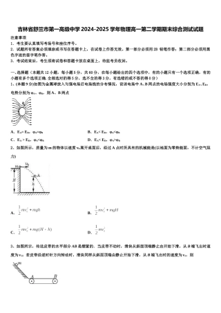 吉林省舒兰市第一高级中学2024-2025学年物理高一第二学期期末综合测试试题含解析