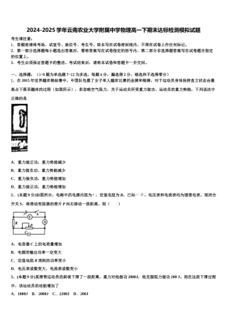 2024-2025学年云南农业大学附属中学物理高一下期末达标检测模拟试题含解析
