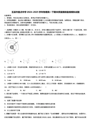 玉溪市重点中学2024-2025学年物理高一下期末质量跟踪监视模拟试题含解析