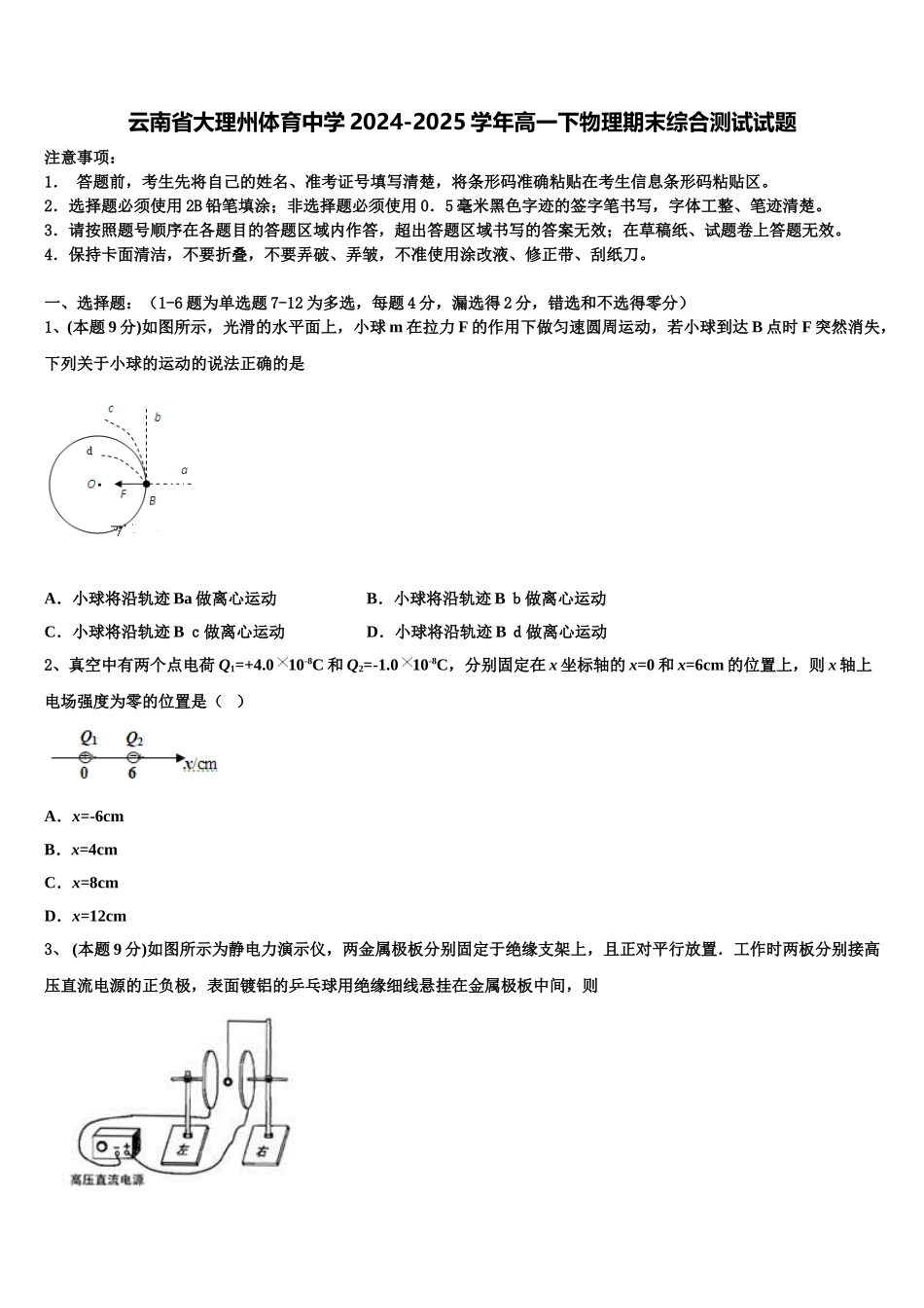 云南省大理州体育中学2024-2025学年高一下物理期末综合测试试题含解析_第1页