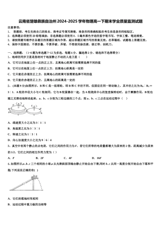 云南省楚雄彝族自治州2024-2025学年物理高一下期末学业质量监测试题含解析
