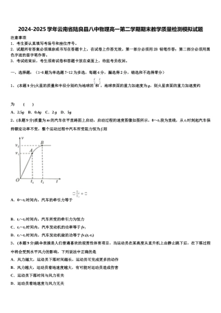 2024-2025学年云南省陆良县八中物理高一第二学期期末教学质量检测模拟试题含解析