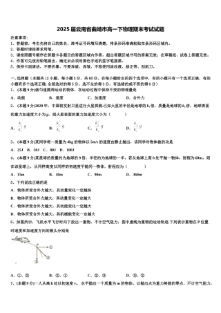 2025届云南省曲靖市高一下物理期末考试试题含解析