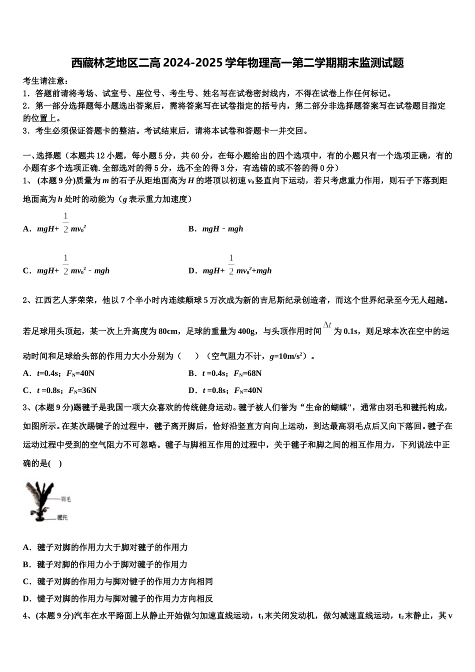 西藏林芝地区二高2024-2025学年物理高一第二学期期末监测试题含解析_第1页