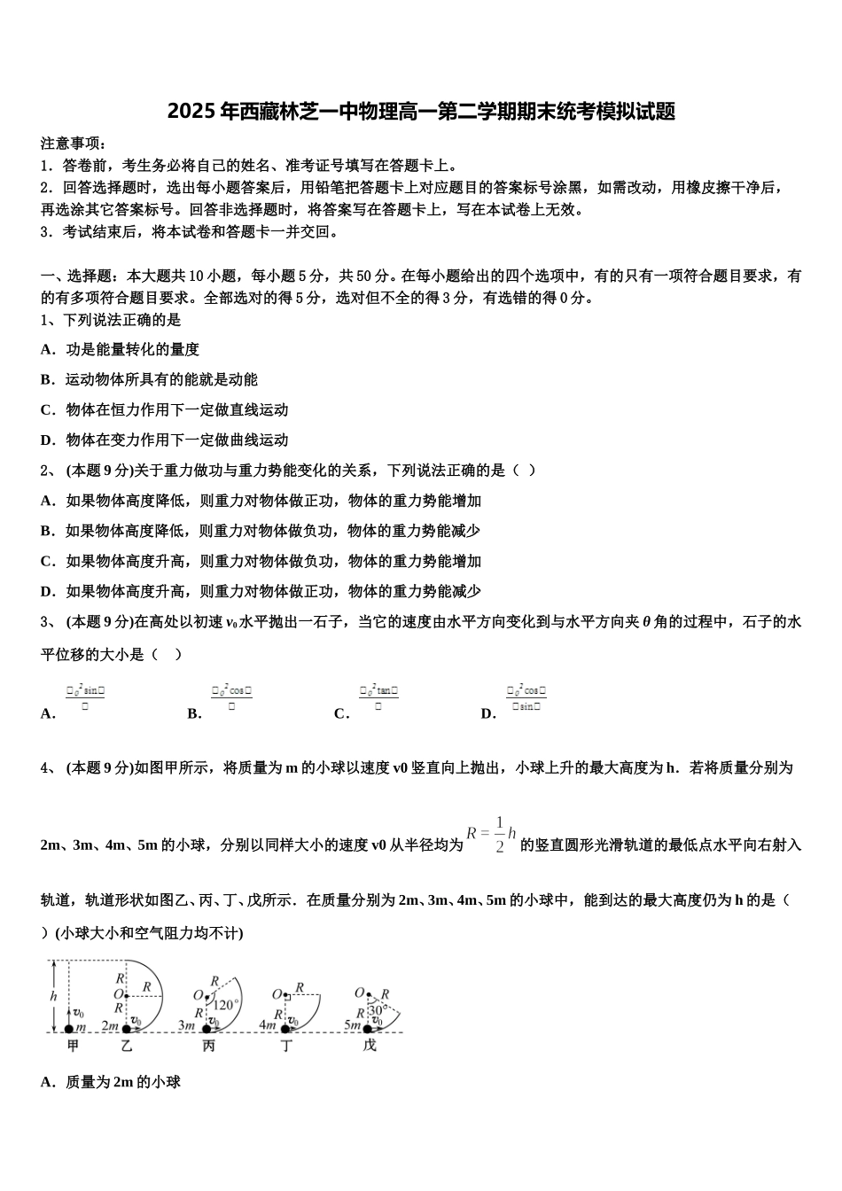 2025年西藏林芝一中物理高一第二学期期末统考模拟试题含解析_第1页