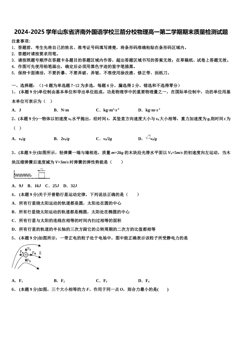 2024-2025学年山东省济南外国语学校三箭分校物理高一第二学期期末质量检测试题含解析_第1页