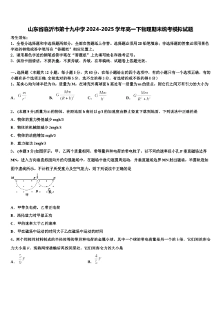 山东省临沂市第十九中学2024-2025学年高一下物理期末统考模拟试题含解析