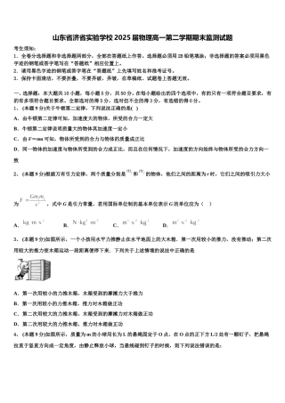 山东省济省实验学校2025届物理高一第二学期期末监测试题含解析