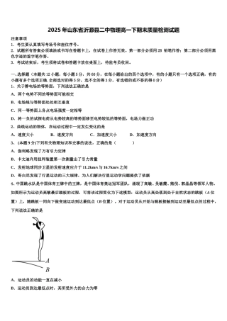 2025年山东省沂源县二中物理高一下期末质量检测试题含解析