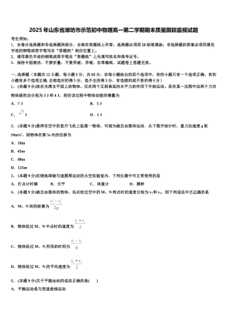 2025年山东省潍坊市示范初中物理高一第二学期期末质量跟踪监视试题含解析