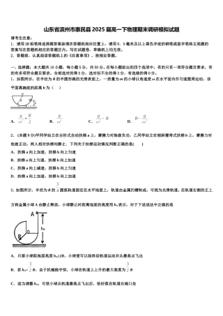 山东省滨州市惠民县2025届高一下物理期末调研模拟试题含解析