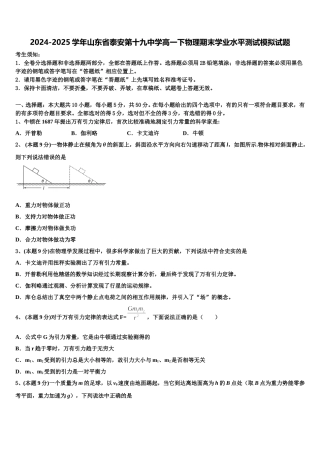 2024-2025学年山东省泰安第十九中学高一下物理期末学业水平测试模拟试题含解析