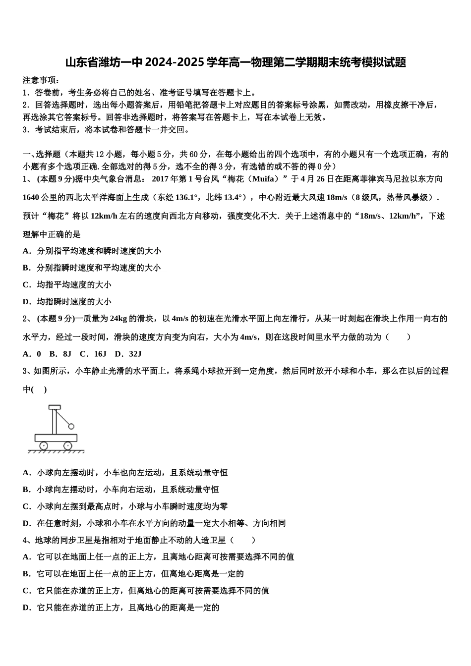 山东省潍坊一中2024-2025学年高一物理第二学期期末统考模拟试题含解析_第1页
