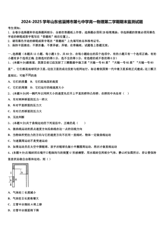 2024-2025学年山东省淄博市第七中学高一物理第二学期期末监测试题含解析