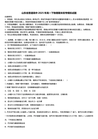 山东省普通高中2025年高一下物理期末统考模拟试题含解析