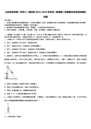山东省菏泽第一中学八一路校区2024-2025学年高一物理第二学期期末综合测试模拟试题含解析