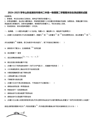 2024-2025学年山东省潍坊市青州二中高一物理第二学期期末综合测试模拟试题含解析