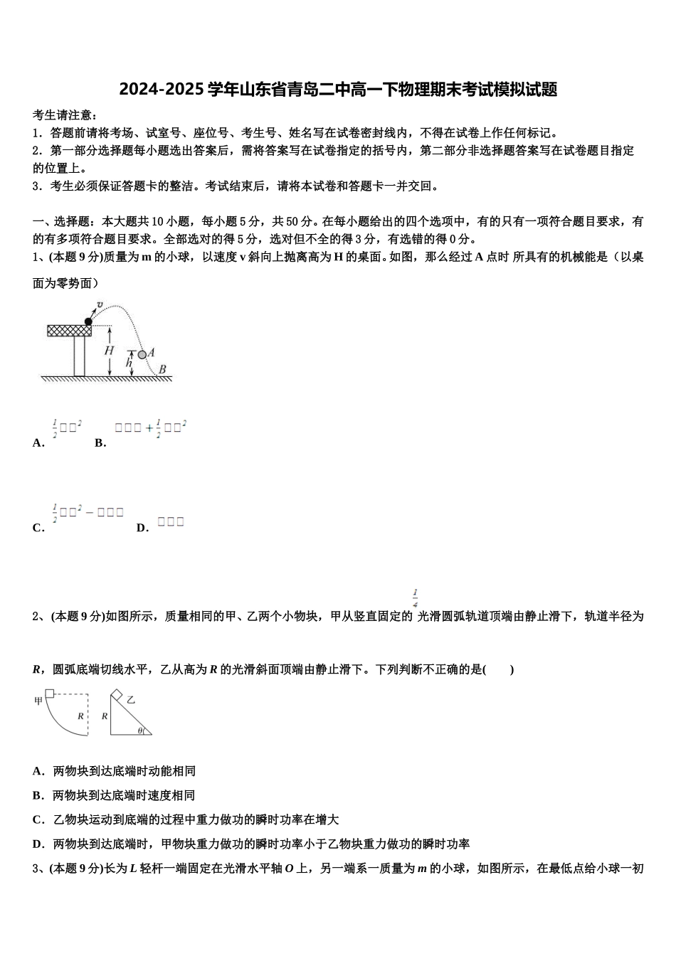2024-2025学年山东省青岛二中高一下物理期末考试模拟试题含解析_第1页