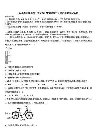 山东省枣庄第八中学2025年物理高一下期末监测模拟试题含解析