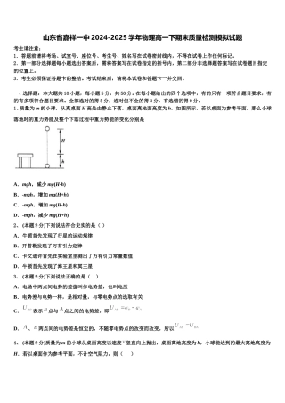 山东省嘉祥一中2024-2025学年物理高一下期末质量检测模拟试题含解析